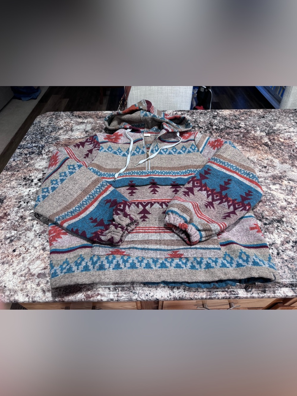Women’s Hooded Aztec Pattern Pullover Sweater - Teal & Maroon
